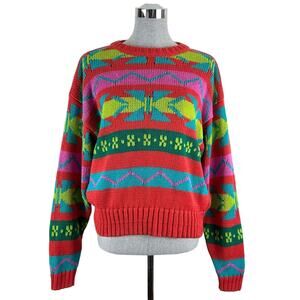 Vintage Lizwear Bright Colorful Multi Geometric Knit Sweater‎ Size Large